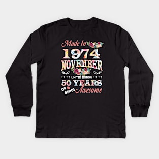 November Flower Made In 1974 50 Years Of Being Awesome Kids Long Sleeve T-Shirt